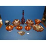 A small quantity of carnival glass including bowls etc, a red etched decanter,