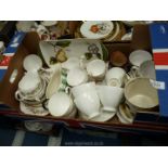 A box of mixed china to include Wedgwood Prince Charles tankard 1969, Royal Albert cups/saucers,