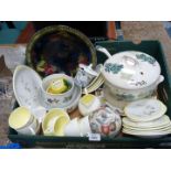 A box of mixed china to include; Royal Worcester Evesham souffle dish and bowls,