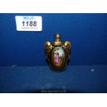 A blue and gilt perfume Bottle with painted flowers to back and lady in pink dress., 2 1/2'' long.