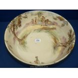 A Royal Doulton wash bowl 'Old English scenes, The Gypsies' some cracks, 15 1/2'' diameter.