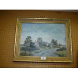 A framed oil on board, circa 1960, depicting a village with a Church,