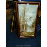 A framed Oil on canvas of a river scene with a cabin, trees, rocky mountains etc.