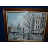 A framed Oil on canvas of a city street scene, signed L. Basset.