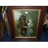 A heavy carved wooden framed Pears style Print of a lady feeding her horse an apple watched on by
