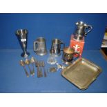 A small quantity of EPNS including tray, tankards, cutlery, metal dog, etc.