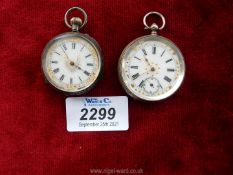 Two pretty ladies antique silver pocket watches having white enamel faces (one cracked) and applied