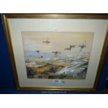 A framed and mounted watercolour of Grouse flying over gorse land