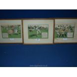 Three framed Cricket prints on the Rules of Cricket by Chap Crombie.