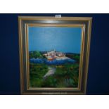 A framed oil on canvas of a Provencal village with a Jacaranda tree in flower.