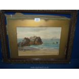 An unglazed framed Watercolour of a coastal scene, initialled lower right.