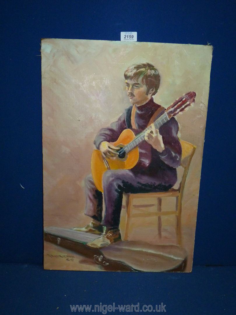 An unframed oil on board, possibly a portrait of one of the Beatles.