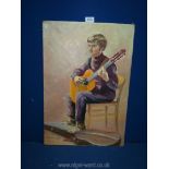 An unframed oil on board, possibly a portrait of one of the Beatles.