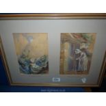 A framed set of two watercolours in a single frame;'The First Burden' and 'The Last Burden'.