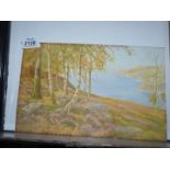 An unframed, unsigned Print on card depicting a seascape with a heather and woodland cliff.