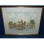 A framed and mounted Watercolour by Trevor Joyce depicting a river scene with boats and buildings