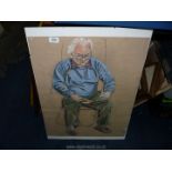 A large charcoal drawing of an older gentleman sat on a chair reading a book, unsigned.