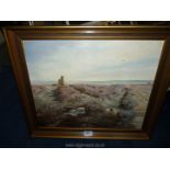 A gilt framed N.C. Hanson Oil on board of sheep in the heather near a Trig point.