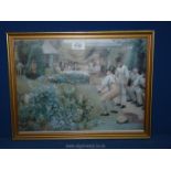 A framed Walter Dendy Sadler print of a garden party and gentlemen bowling. 17 1/4" x 13 1/4".