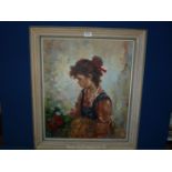 A framed oil on canvas portrait, of a young Italian girl with flowers.