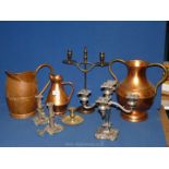 A quantity of mixed metals including a five branch candelabrum, a brass Chamber stick,