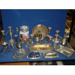 A large quantity of EPNS items to include; small trays, tankard, candelabras, goblets,