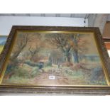 An ornate framed Watercolour depicting a farmer walking his sheep through country lanes,