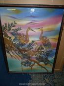 A large print on fabric depicting Cranes sat in a tree.