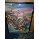 A large print on fabric depicting Cranes sat in a tree.
