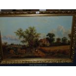 A large framed print on board of a harvesting scene. 40 1/2" x 28 1/2".