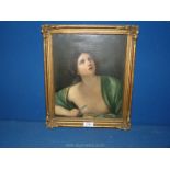 A gilt framed oil painting of a young lady harming herself with a knife. Unsigned.