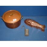 A copper saucepan, fish jelly mold and measure.