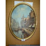 An oval framed oil on board of a Venice canal scene, circa 1970,
