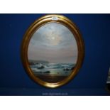 An oval framed Oil on board of seascape at sunset, signed lower left Alan Dinsdale, 23" x 19 1/2".