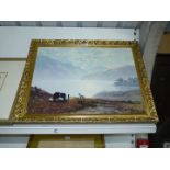 A large Print on board of a sheep dog herding sheep off a mountain in decorative gilt frame,
