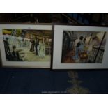 Two framed James Tissot Prints of Elegantly dressed ladies and gentlemen on a ship.