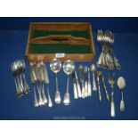 A wooden cutlery box with a quantity of plated cutlery to include forks, fish knives, soup spoons,
