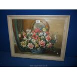 A framed Watercolour of a still life Blue vase of flowers under a circular mirror,