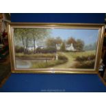 A large Oil on canvas depicting children fishing in a pond by cottages, signed lower right T. Heath.