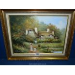 An Oil on canvas of a thatched cottage scene with children by the duck pond,