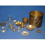 A box of mixed brass to include brass bin, bowls, toast rack, candle holder etc.