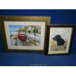 A framed Print titled 'Mumbles Railway', signed Rhys, along with a print of a Black Labrador.