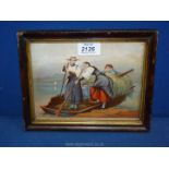 A small framed lithograph depicting young ladies setting out across the water with the harvest,