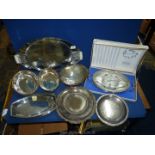A quantity of EPNS including hammered effect tray, bon bon dishes, hors d'oeuvres dishes etc.