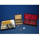 A cased set of twelve teaspoons and sugar tongs, box of teaspoons, case a/f.