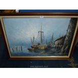 A framed Oil on canvas of fishing boats in harbour, signed lower left Florence.