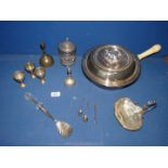 A quantity of silver plate and EPNS items to include a highly decorated tea jar with engraved