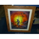 A framed Oil painting of an oriental gentleman fishing, signed lower right.