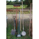 A shovel, fork, garden hoe, brushes, etc.