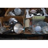 Four boxes of stainless steel kitchenware, glass cooking trays, saucepan etc.